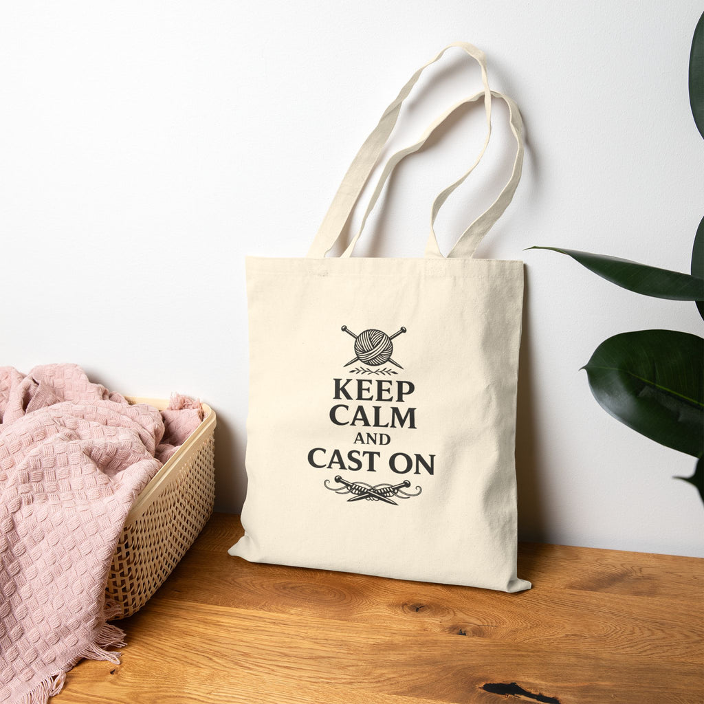 "Keep Calm and Cast On" Tote Bag - Knitting Cotton Canvas Tote